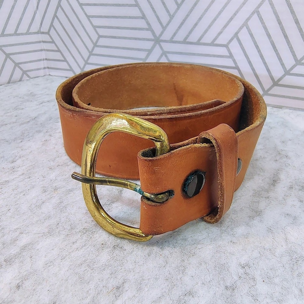 Bianchi B8 Mens Tan Leather Belt Solid Brass Buckle Size 32 Workwear USA Made